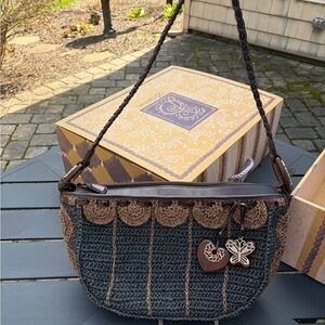 Brighton Crochet Raffia Shoulder Bag - Brown and Black